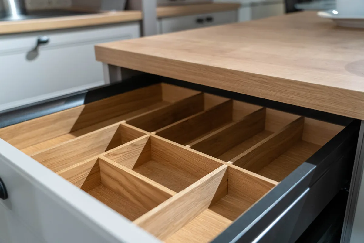 Schublade mit Holzeinteilung für Küchenutensilien