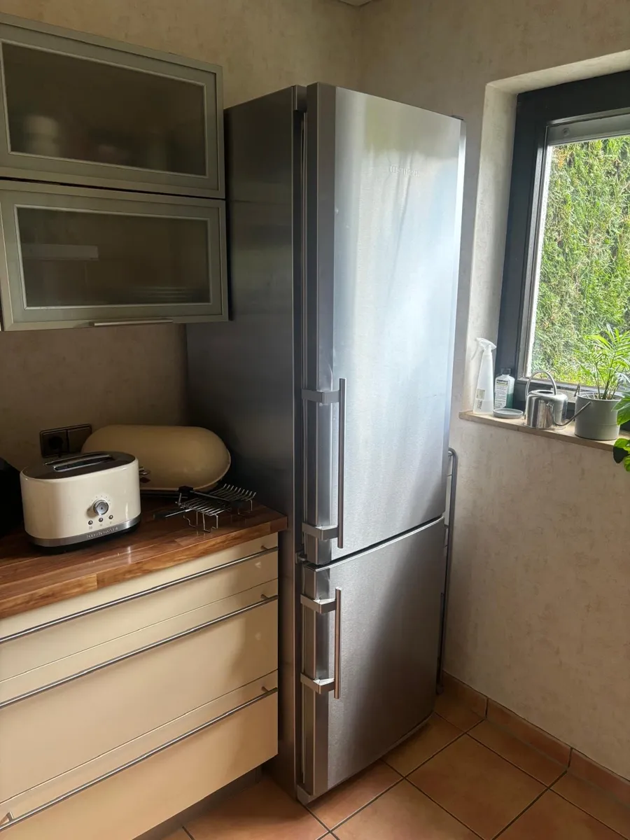 Vorher: Hochschränke mit Glasfronten und freistehendem Kühlschrank
